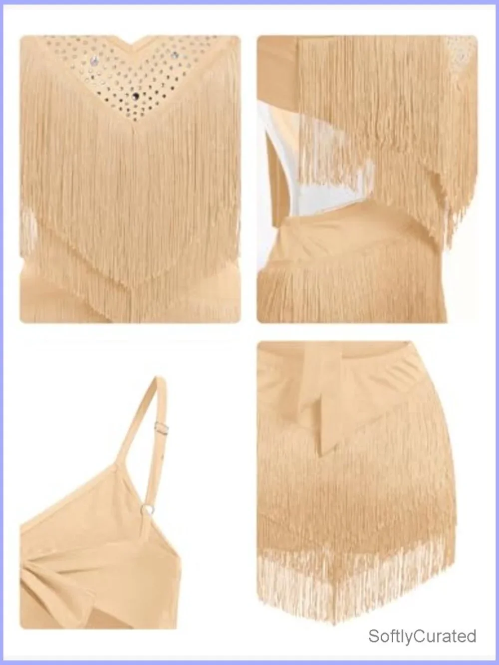 Women's Rhinestone Fringe Latin Dance Dress Leotard V Neck Tie Back - Picture 5 of 6